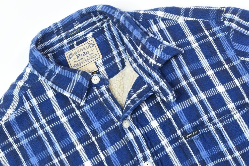 Polo Ralph Lauren Fleece Lined Flannel Work Shirt Mens Medium Blue Plaid Classic